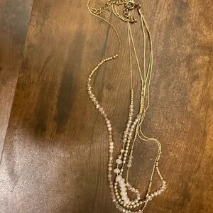 Gold Tone Multi-Strand Necklace with Pink Beads